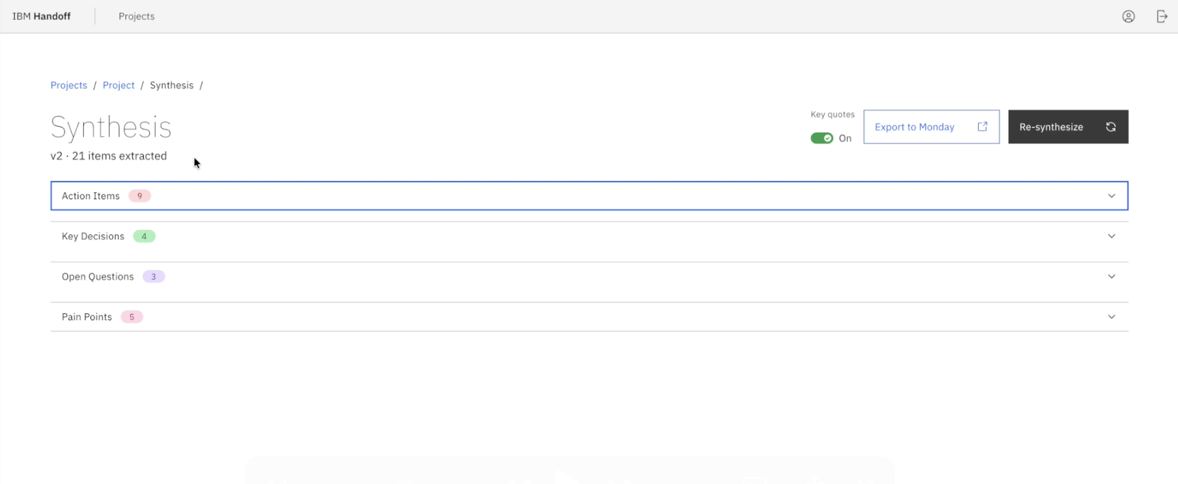 Handoff synthesis workspace showing structured research insights